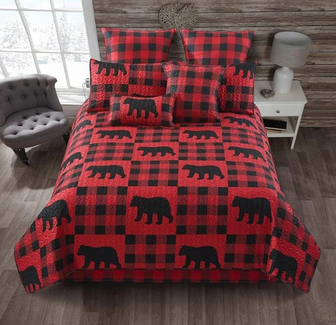 Convenient Virah Bella 2 Piece Twin Lodge Quilt Bedding Set – Buffalo Bear Plaid Red – Rustic Cabin Country Reversible Camping Comforter Set with Decorative Pillow Shams Red Black Verified