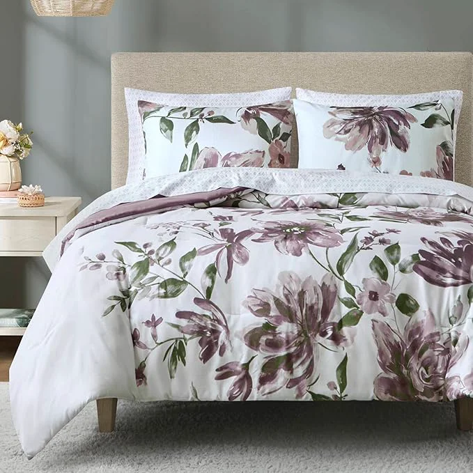 Sustainable Madison Park Queen Comforter Set with Sheets Floral Print Microfiber Comforter for a Queen-Size Bed Shabby Chic Bed in a Bag Set Diamond Printed Sheet Alice Queen Mauve 7 Piece Efficient