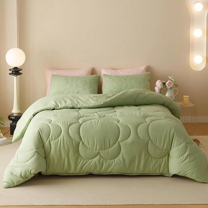 Solid Luxlovery Sunflower Sage Green Comforter Set Full Light Green Quilts Big Flowers Bedding Comforter Set Botanical Farmhouse Soft Breathable Bohemian Comforter Women Girls Eco-Friendly