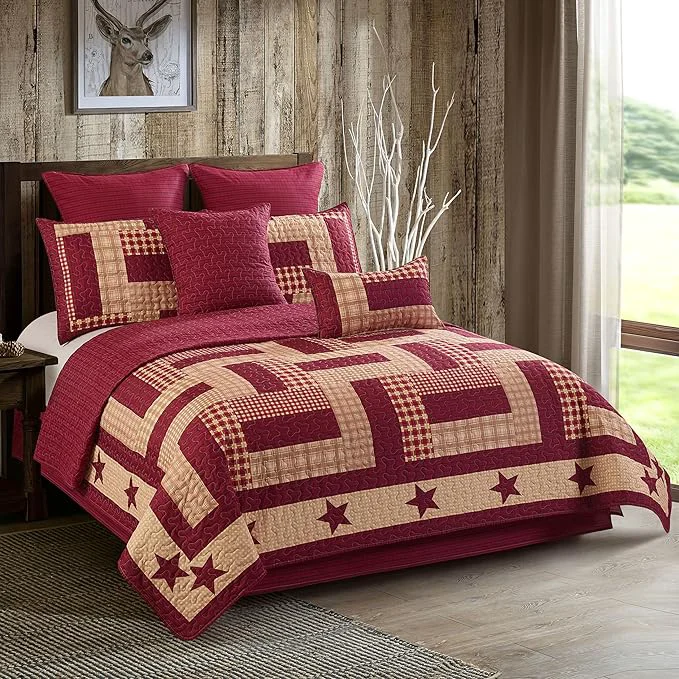 Comfortable Virah Bella 3 Piece King Cabin Quilt Bedding Set – Homestead Red – Rustic Country Reversible Patchwork Comforter Set with Decorative Pillow Shams Sustainable