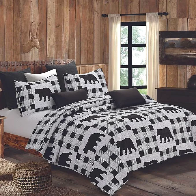 Trendy Virah Bella 3 Piece King Lodge Quilt Bedding Set – Buffalo Bear Plaid Black – Rustic Cabin Country Reversible Camping Comforter Set with Decorative Pillow Shams Black White Flexible