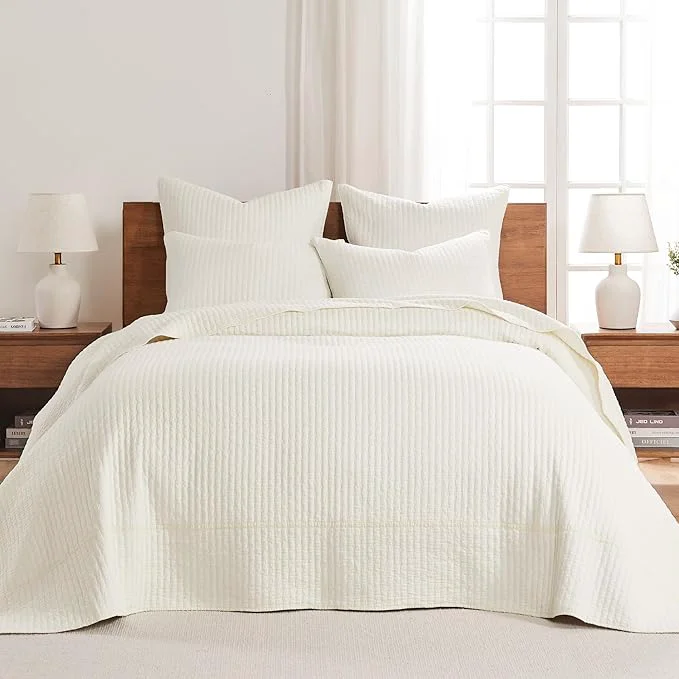 Elite Levtex Home Cross Stitch Reversible Twin Bedspread Set 84x104in with 1 Pillow Sham 26x20in – Stitch Texture – Cream – Cotton Twin Size Bedspread Set – Lightweight Soft Pre-Washed Breathable
