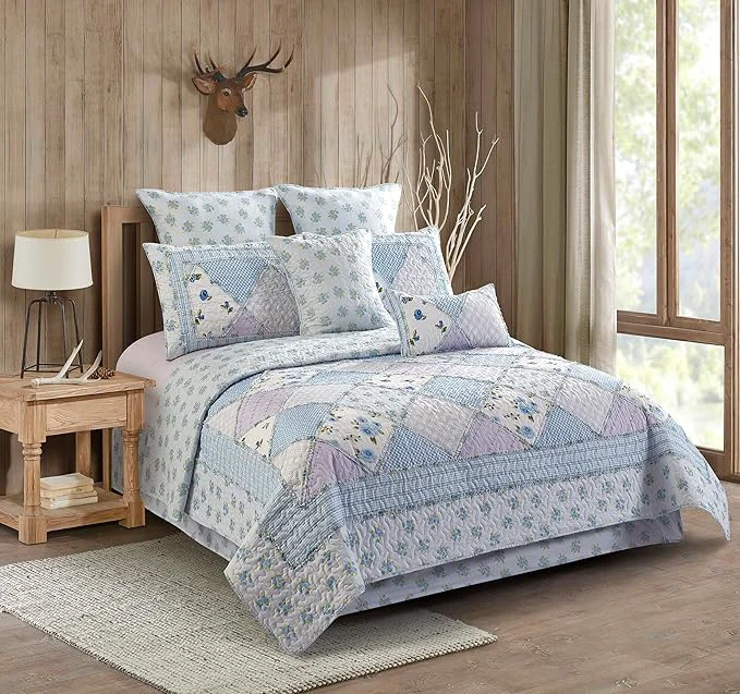 Casual Virah Bella 3 Piece Full Queen Lodge Quilt Bedding Set – Rustic Country Reversible Comforter Set with Decorative Pillow Shams – Garden of Blues Pure