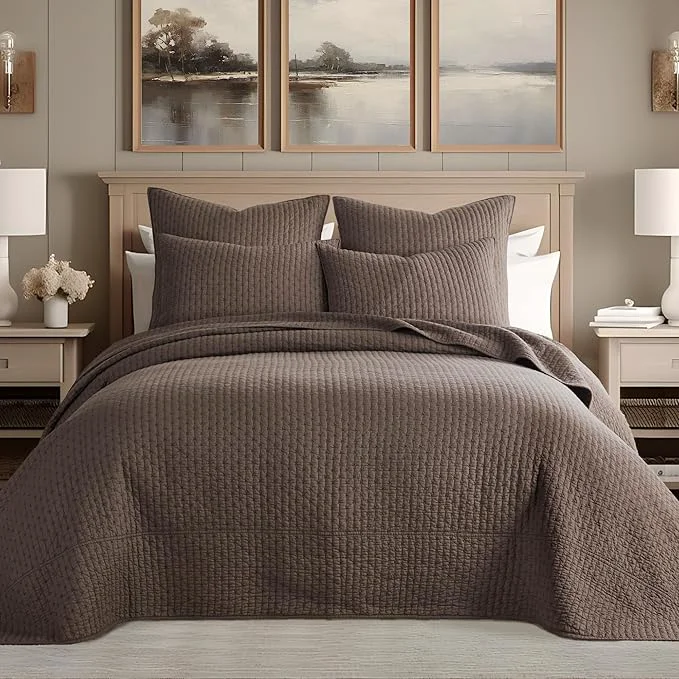 Versatile Levtex Home Cross Stitch Reversible Queen Bedspread Set 104x106in with 2 Pillow Shams 26x20in – Stitch Texture – Cocoa – Cotton Queen Size Bedspread Set – Lightweight Soft Pre-Washed Solid