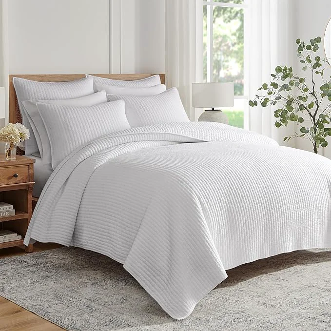 Prestigious Levtex Home Cross Stitch Reversible King Cal King Quilt Set 106x92in and 2 Pillow Shams 36x20in – Stitch Texture – Bright White – Cotton King Size Quilt Bedding Set – Lightweight Soft Pre-Washed Premium