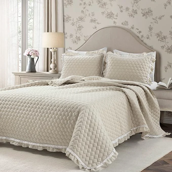 Fine Lush Decor Ella Ruffle Lace Quilt 3 Piece Set Full Queen Neutral – Cute Quilt – Queen Bedding Set – Beige Bedding Full Size – Coquette Decor – Neutral Ruffle Trim – Beige Lace Trim Certified