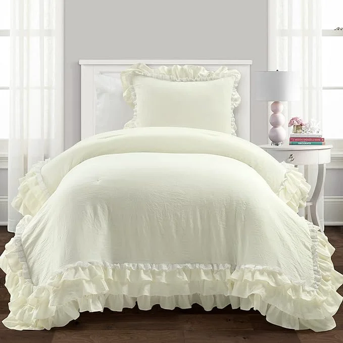 Enhanced Lush Decor Ella Ruffle Lace Comforter 2 Piece Set Twin Ivory – Cute Comforter – Twin Bedding Set – White Bedding – Coquette Decor – White Lace Trim – Ruffle Trim High-Grade