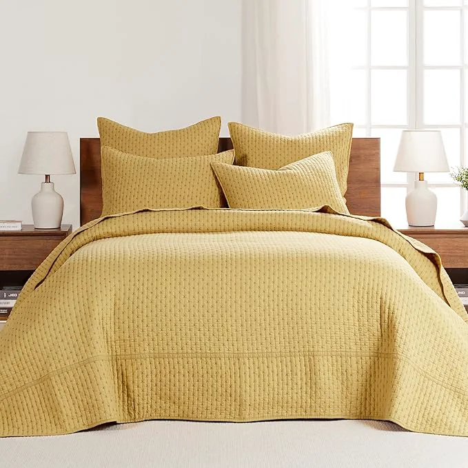 Easy-to-Use Levtex Home Cross Stitch Reversible Full Bedspread Set 100x104in with 2 Pillow Shams 26x20in – Stitch Texture – Ochre – Cotton Full Size Bedspread Set – Lightweight Soft Pre-Washed Breathable