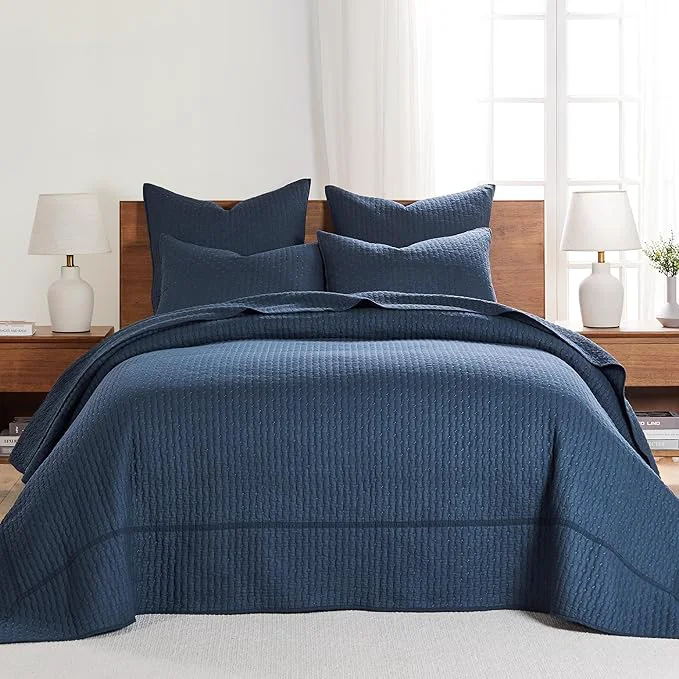 Smart Levtex Home Cross Stitch Reversible Twin Bedspread Set 84x104in with 1 Pillow Sham 26x20in – Stitch Texture – Navy – Cotton Twin Size Bedspread Set – Lightweight Soft Pre-Washed Enhanced