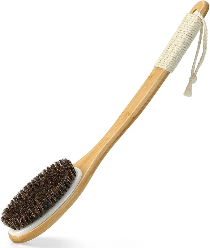 Enhanced eaxun Bamboo Shower Brush with Curved Long Handle 16.7 Inches Exfoliating Back First-Class