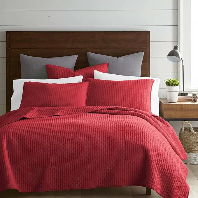 Recyclable Levtex Home Cross Stitch Reversible Full Queen Quilt Set 88x92in with 2 Pillow Shams 26x20in – Stitch Texture – Chile Red – Cotton Full Queen Size Quilt Bedding Set – Lightweight Soft Pre-Washed Proven
