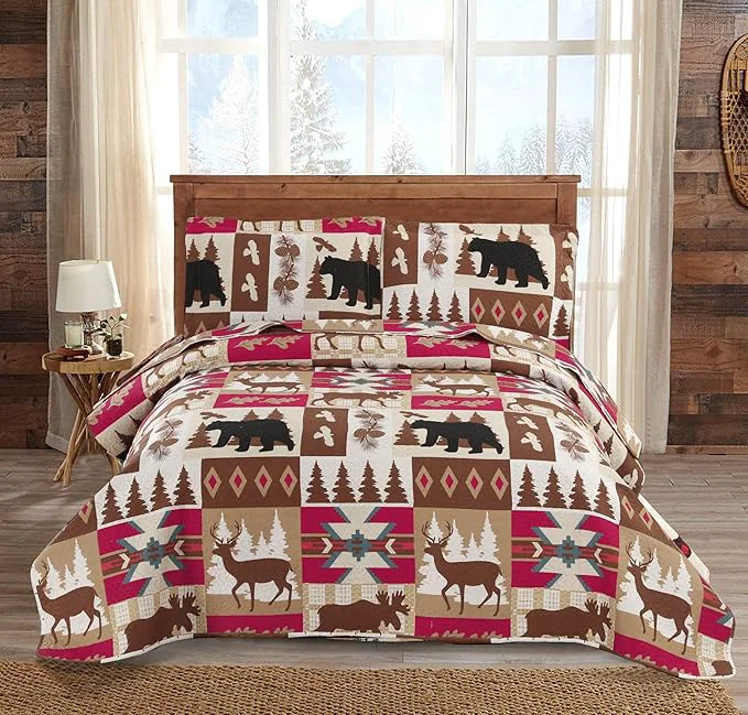 Clean Ycosy Rustic Quilt Set King Size 96 quot x108 quot Bed Spread Lodge Lightweight Coverlet Reversible Bedding Cover Deer Bear Bedspreads Set with Elk Moose 1 Quilt 2 Pillow Shams User-Friendly