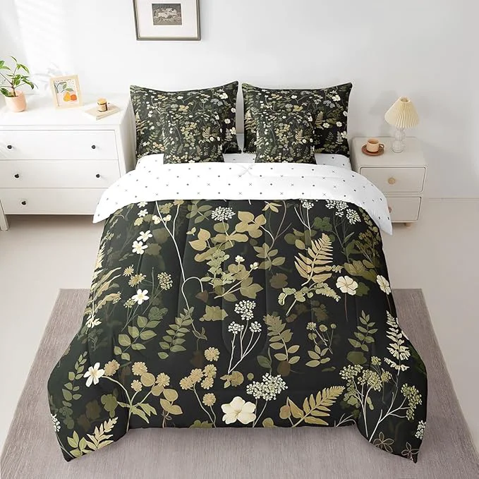 Classic Castle Fairy Botanica Leaves 7 Pieces Bedding Set Twin Bed in a Bag Wild Plants Retro Jungle Flowers Comforter Set for Be3droom Decor Retro Farmhouse Style Soft Warm Microfiber Bedding Responsible