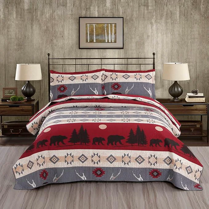 Proven Ycosy Lodge Bear Quilt Set King Size Cabin Rustic Bedspread Coverlets Reversible Quilts Lightweight Lodge Bedding Set Bear Sunset Printed Bed Covers 1 Quilt 2 Pillow Shams Eco-Friendly