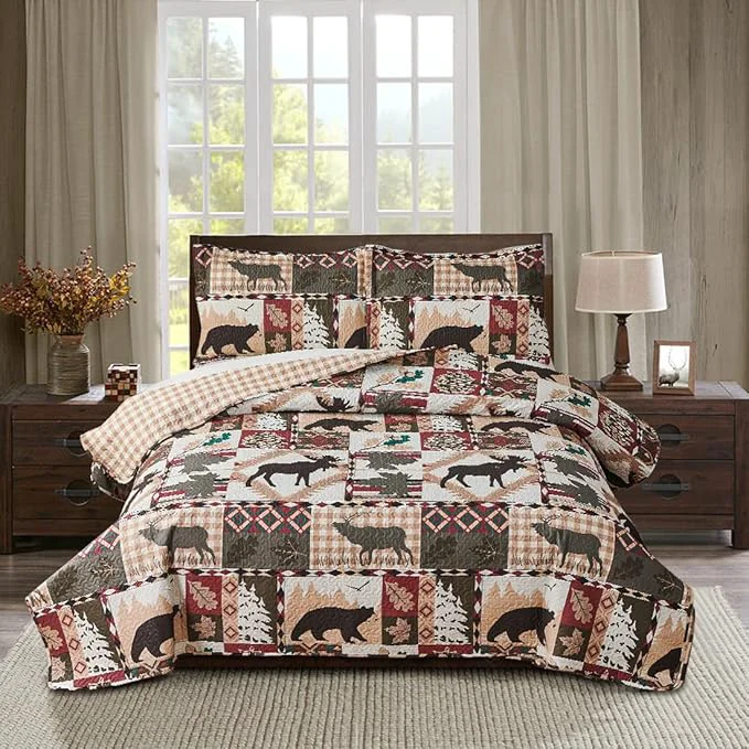 Trendy Rustic Lodge Quilt Set Full Queen Size Country Cabin Bedspread Coverlet Queen Moose Bear Patchwork Reversible Quilts Bedding Soft Lightweight Coverlets Forest Bear Bed Cover Sets with 2 Pillow Sham Optimized