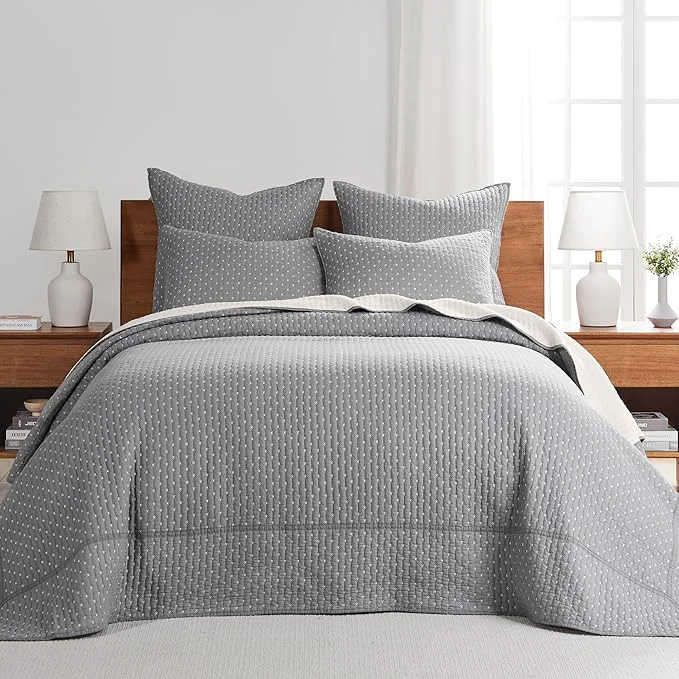Sustainable Levtex Home Cross Stitch Reversible Full Bedspread Set 100x104in with 2 Pillow Shams 26x20in – Stitch Texture – Grey and White – Cotton Full Size Bedspread Set – Lightweight Soft Pre-Washed Relaxed