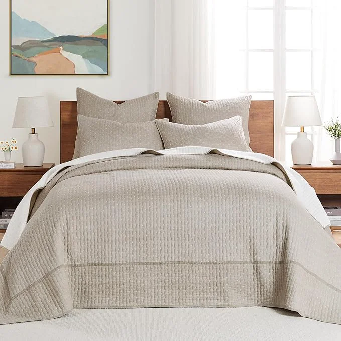 Comfortable Levtex Home Cross Stitch Reversible Twin Bedspread Set 84x104in with 1 Pillow Sham 26x20in – Stitch Texture – Taupe – Cotton Twin Size Bedspread Set – Lightweight Soft Pre-Washed Durable