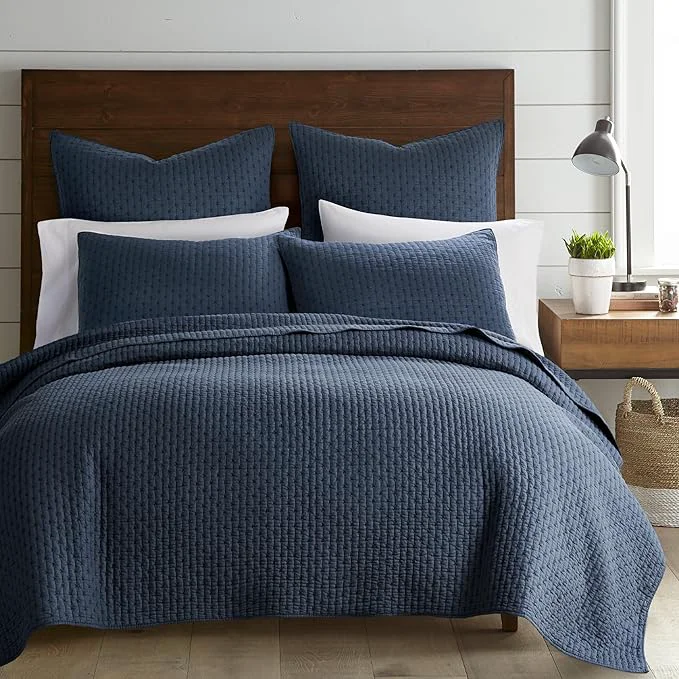 Reusable Levtex Home Cross Stitch Reversible King Cal King Quilt Set 106x92in and 2 Pillow Shams 36x20in – Stitch Texture – Navy – Cotton King Size Quilt Bedding Set – Lightweight Soft Pre-Washed Safe