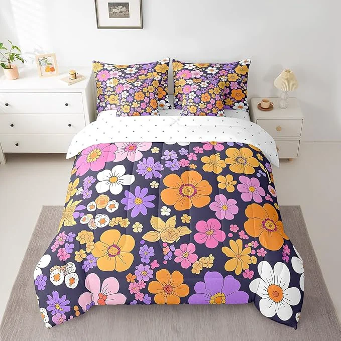 Classic Castle Fairy Watercolor Flowers 7 Pieces Bedding Set Twin Bed in a Bag Groovy Daisy 70s 80s Hippie Style Comforter Set Purple Orange Flowers Rustic Style Soft Warm Microfiber Bedding Lightweight