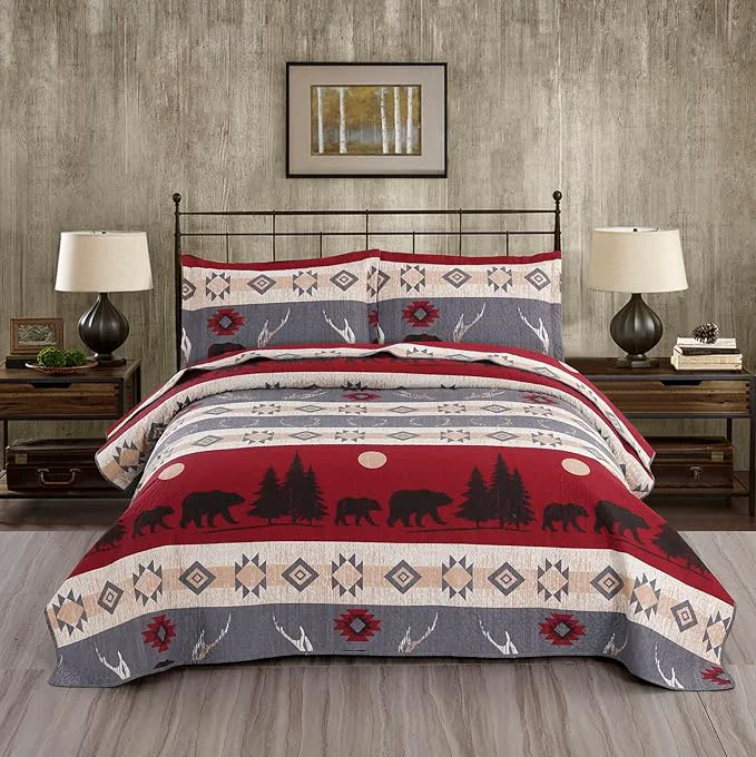 Enhanced Ycosy Lodge Bear Quilt Set Full Queen Size Cabin Rustic Bedspread Coverlets Reversible Quilts Lightweight Lodge Bedding Set Bear Sunset Printed Bed Covers 1 Quilt 2 Pillow Shams Effective
