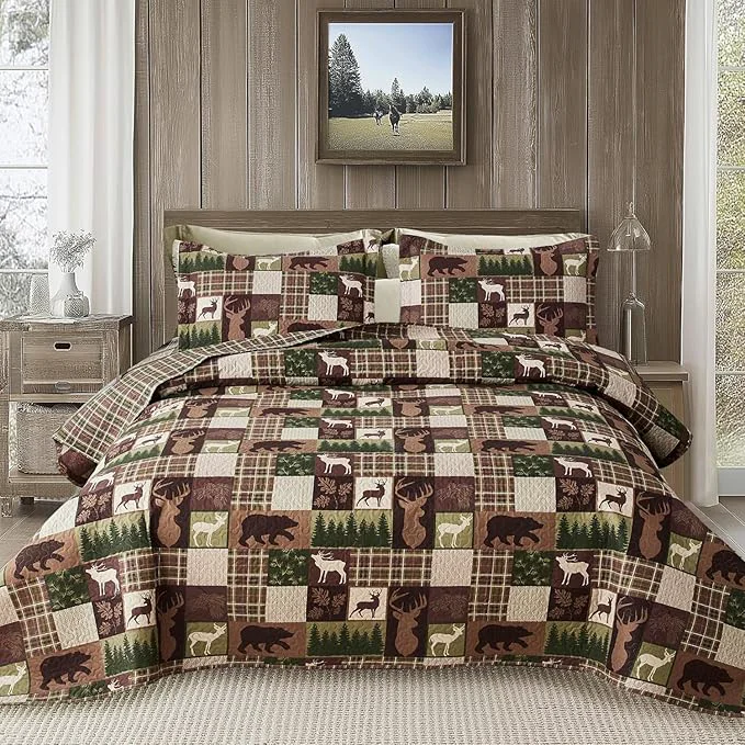 Organic Ycosy Lodge Plaid Quilt Set Moose Bear Bedding Twin Size Rustic Bedspread Cabin Coverlet Wildlife Forest Quilts Comforter Summer Lightweight Bed Cover with 2 Pillow Shams Carefully Designed