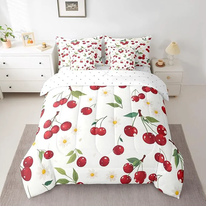 Premium Cherry King Comforter Set with Sheets Bed in a Bag 7 Pcs Red Cherry Fruits Rustic Style Bed Set Watercolor Daisy Flowers Bedding Sets with Comforter Flat Fitted Sheet Pillowcases Pillow Covers Reusable