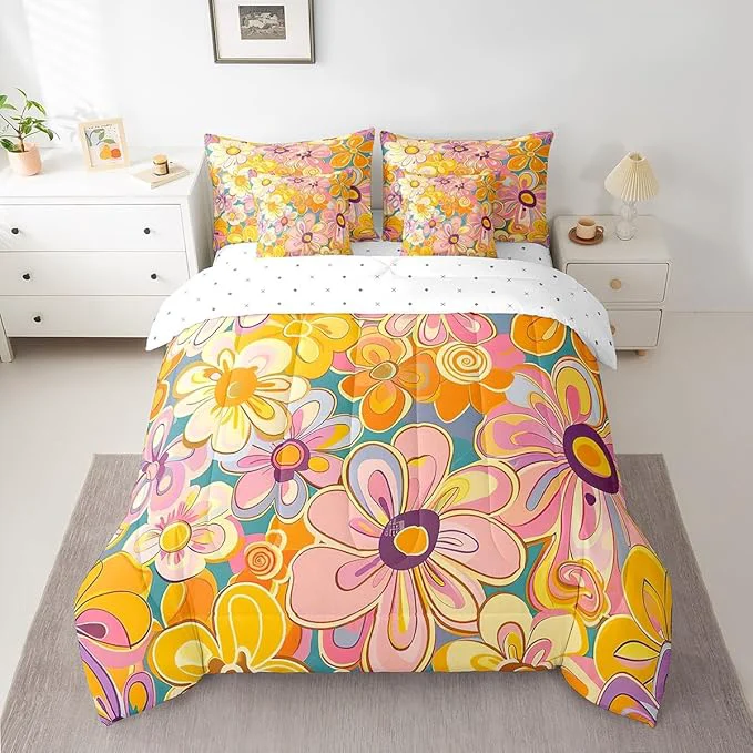 Fashionable Bohemian King Comforter Set with Sheets Bed in a Bag 7 Pcs 70s Hippie Floral Retro Flowers Bed Set Vintage Farmhouse Style Bedding Sets with Comforter Flat Fitted Sheet Pillowcases Pillow Covers Crafted