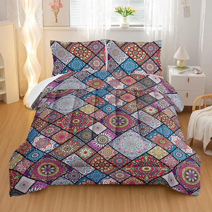 Selected Colorful Bohemian Comforter Sets Full Size Retro Grid Bedding Set for Your Room Abstract Soft Lightweight Quilted Set All Season 1 Comforter and 2 Pillowcases Sustainable