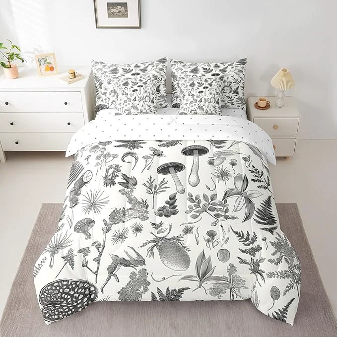 Stylish Castle Fairy Retro Jungle Mushroom Comforter Set Bed in a Bag 7 Pieces King Wild Leaves Flowers Bedding Set Rustic Botanical Plants Comforter Fitted Flat Sheet 2 Pillowcases 2 Throw Pillow Covers Official