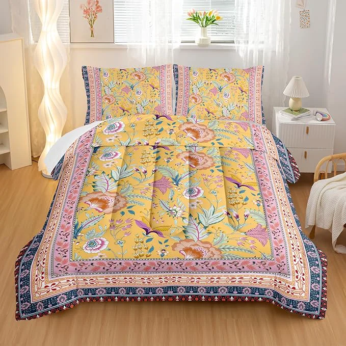 Premium Retro Plants Comforter Sets Queen Size Flower Pattern Bedding Set for Your Room Rectangle Abstract Soft Lightweight Quilted Set All Season 1 Comforter and 2 Pillowcases Smart