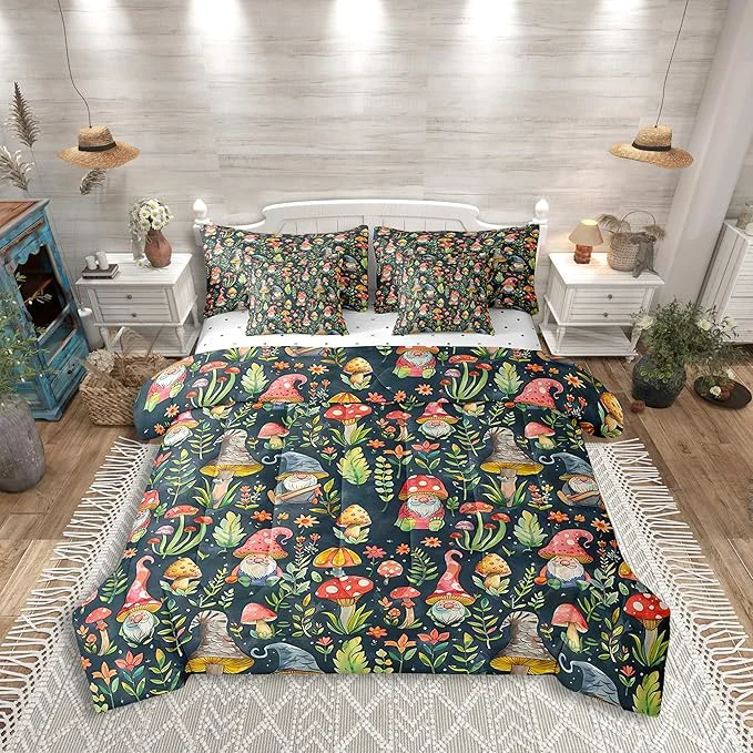 Relaxed Watercolor Mushroom Gnome Comforter Set Bed in a Bag 7 Pieces Twin Botanical Leaves Plants Bedding Set Colorful Mushroom Plants Comforter Fitted Flat Sheet 2 Pillowcases 2 Throw Pillow Covers High-Performance