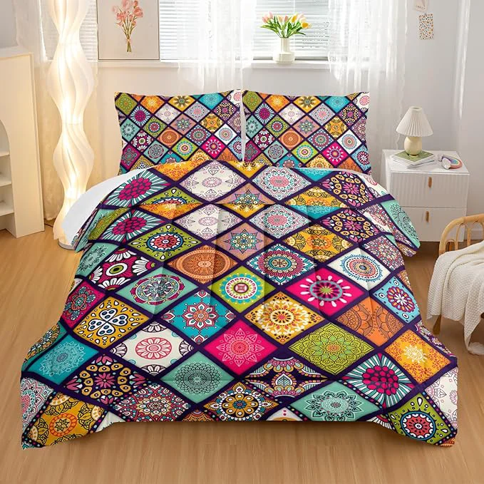 Relaxed Polychrome Bohemia Comforter Sets King Size Rhomboid Forms Pattern Bedding Set for Your Room Abstract Soft Lightweight Quilted Set All Season 1 Comforter and 2 Pillowcases Clean