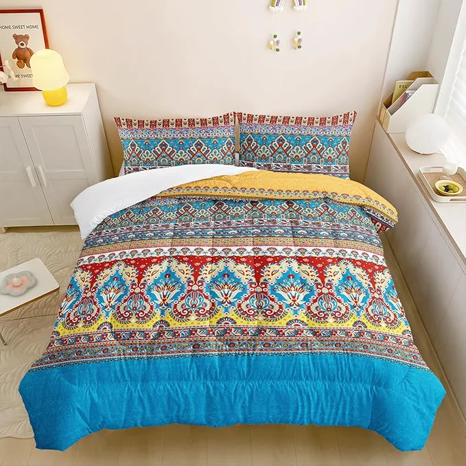 Fine Paisley Bohemian Comforter Sets Full Size Colorful Boho Chic Medallion Exotic Bedding Set for Your Room Abstract Soft Lightweight Quilted Set All Season 1 Comforter and 2 Pillowcases Practical