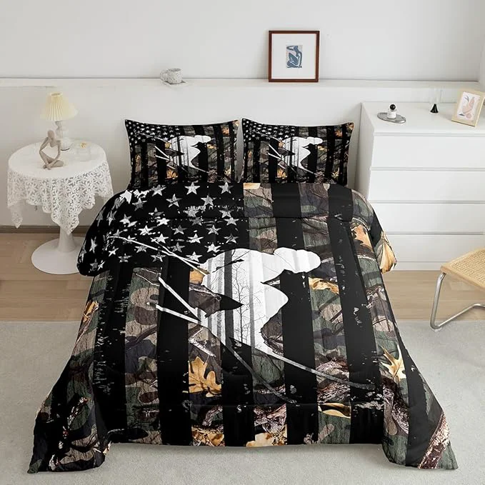 Advanced Camo American Flag Comforter Twin Size Bed Boys Girls Skiing Sports Bedding Comforter Sets Camouflage Blanket Duvet Set Rustic Nature Tree Leaves Bedding Artisan