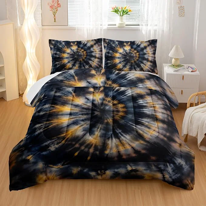 Breathable Dark Tie Dye Comforter Sets Queen Size Yellow Fission Graffiti Bedding Set for Your Room Abstract Soft Lightweight Quilted Set All Season 1 Comforter and 2 Pillowcases Proven