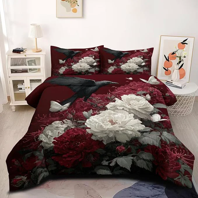 Fashionable 7Pcs Twin Size Bed in A Bag for Women Vintage Botanical Flowers Comforter Sets 1 Red Rose Comforter 68 quot x 90 quot and 2 Pillowcases 1 Fitted Sheet 1 Flat Sheet 2 Pillow Shams Eco-Friendly