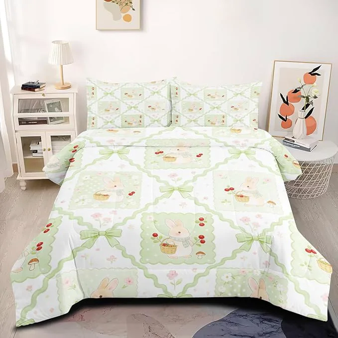 Specialty Patchwork Rabbit Comforter Set for Girls Twin Size 5 Pieces Green White Cherry Printed Comforter Set 1 Comforter 68 quot x 90 quot and 2 Pillowcases 1 Fitted Sheet 1 Flat Sheet All Season Contemporary