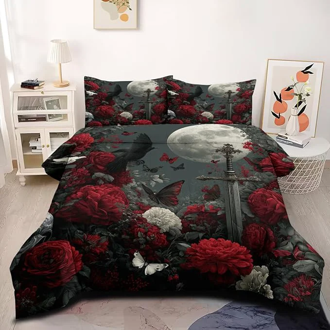 Recyclable 3Pcs Gothic Queen Size Comforter Set for Girls Victorian Red and White Rose Bedding Set Dark Skull and Crows Bed Set 1 Comforter 90 quot x 90 quot and 2 Pillowcases Practical