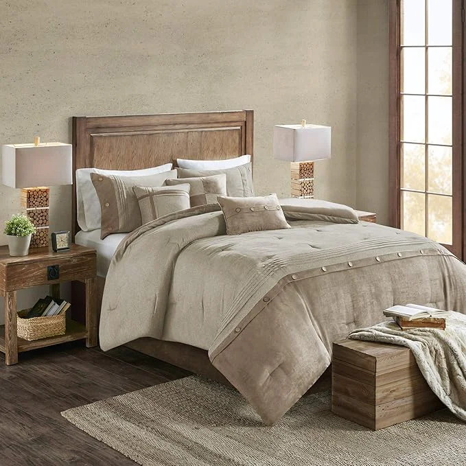 Crafted Madison Park Boone Cozy Comforter Set Faux Suede Deluxe Hotel Styling All Season Down Bedding Matching Shams Decorative Pillow Queen 90 in x 90 in Rustic Tan 7 Piece Green