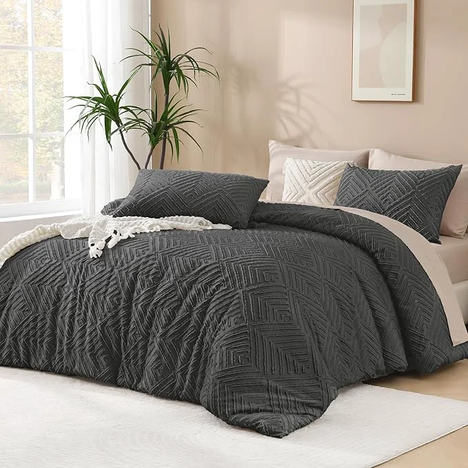 Solid Andency Dark Grey Comforter Set Queen Gray Lightweight Fluffy Bedding Comforter Sets for Queen Bed 3 Pieces Tufted Farmhouse Shabby Chic Bed Set for All Seasons 1 Comforter 90x90In 2 Pillowcases Classic