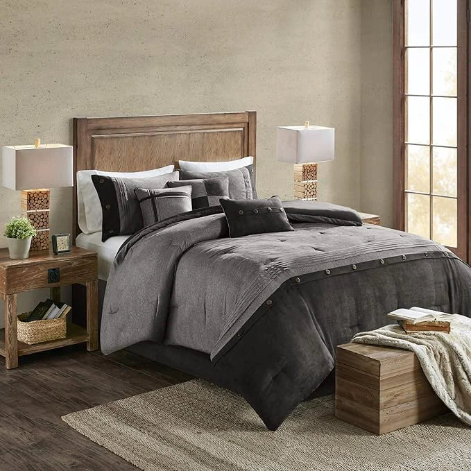 Original Design Madison Park Boone Cozy Comforter Set Faux Suede Deluxe Hotel Styling All Season Down Bedding Matching Shams Decorative Pillow Queen 90 in x 90 in Rustic Grey 7 Piece Dark Gray Natural