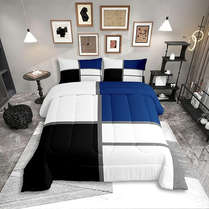 User-Friendly Erosebridal Geometric Abstract Twin Bedding Sets for Adult Women Men Blue and White Striped Comforter Set Square Grid Quilt Duvet Set Modern Art Patchwork Bedding Collections for Minimalist Effective