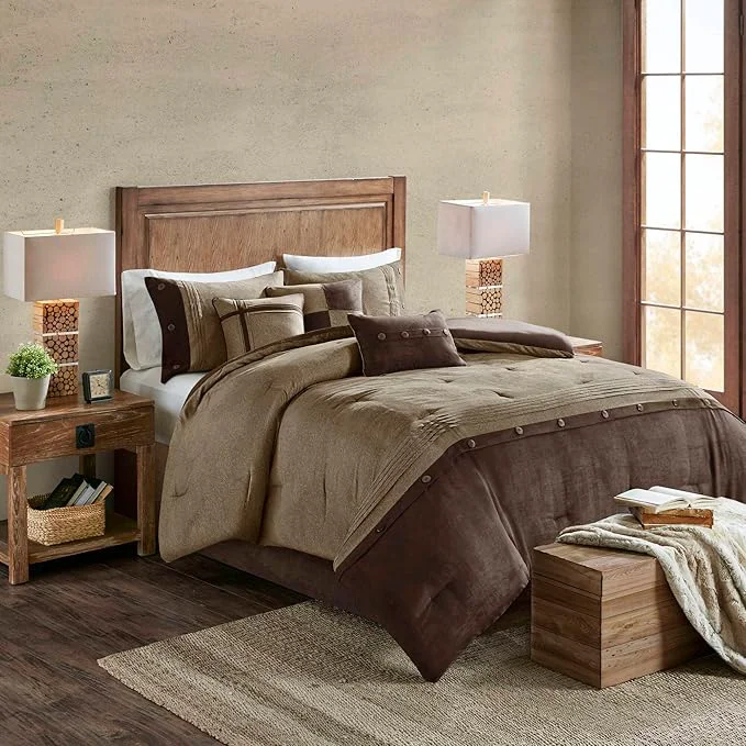 Official Madison Park Boone Cozy Comforter Set Faux Suede Deluxe Hotel Styling All Season Down Bedding Matching Shams Decorative Pillow California King 104 in x 92in Rustic Brown 7 Piece Elegant
