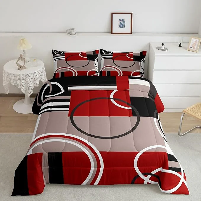 Premium Material Erosebridal Modern Red Grey Black Stripes Comforter Set Geometric Down Comforter King Size Retro Circle Swirls Bedding Set Bedroom Decor Modern Abstract Texture Color Art Quilt Set Refined