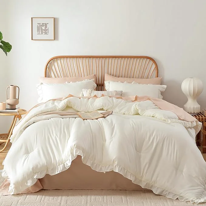 Fine JANZAA Twin Comforter Set Creamy White Ruffle Comforter with 1 Pillowcase Soft Twin Size Bed Set Vintage Farmhouse Bed Comforter Set Fluffy Shabby Chic Bedding for All Season Sustainable