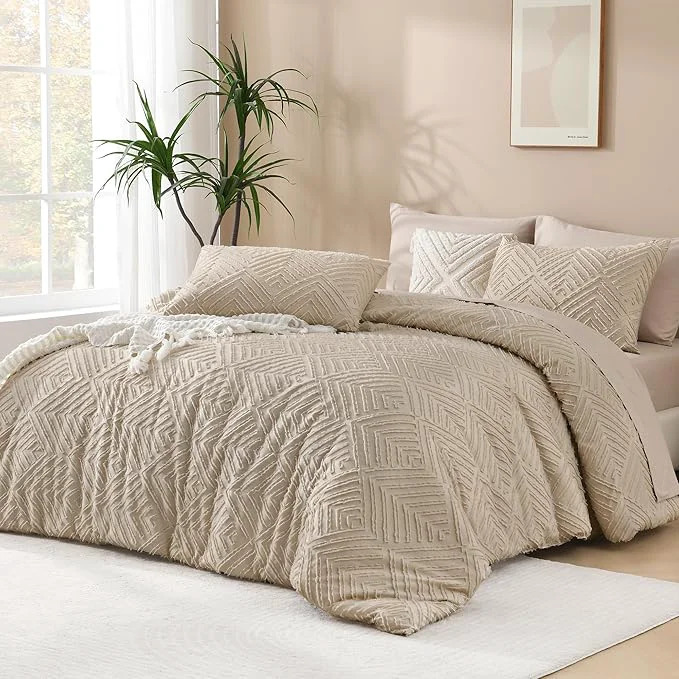 Original Andency Khaki Queen Comforter Set 3 Pieces Lightweight Fluffy Boho Bedding Comforter Set Tufted Farmhouse Shabby Chic Bed Set for All Seasons 1 Comforter 90x90In 2 Pillowcases Original Design