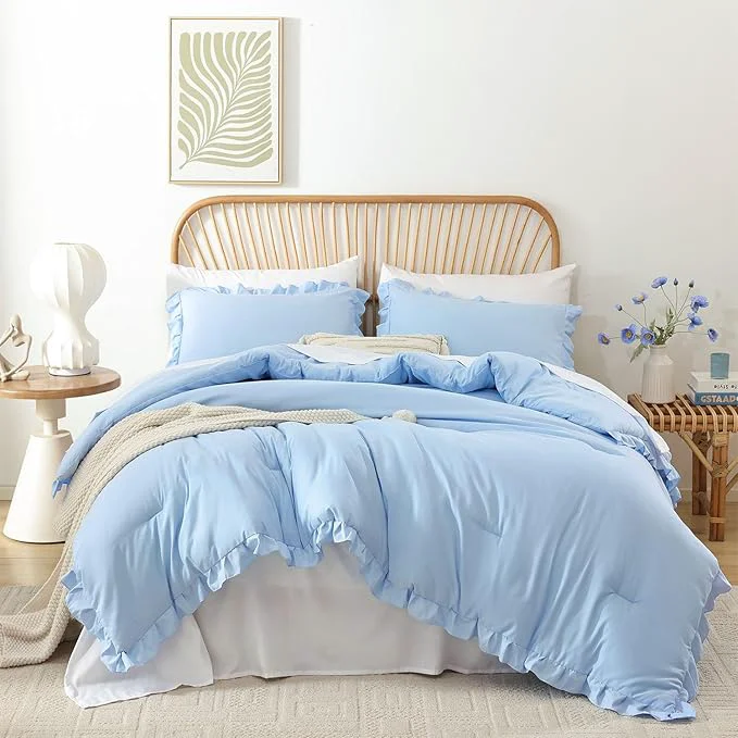 Top-Quality JANZAA Ruffle Light Blue Comforter Set Twin Size Comforter 3PCS 1 Emerald Comforter and 2 Pillowcases Vintage Farmhouse Shabby Chic Bedding Soft Fluffy Comforter Set All Season Light Blue Twin Authentic