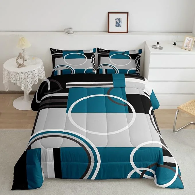 Refined Erosebridal Modern Turquoise Decor Comforter Set Gray Black Blue Stripe Geometric Down Comforter Full Size Retro Circle Swirls Bedding Set Modern Abstract Texture Color Art Duvet Set Solid