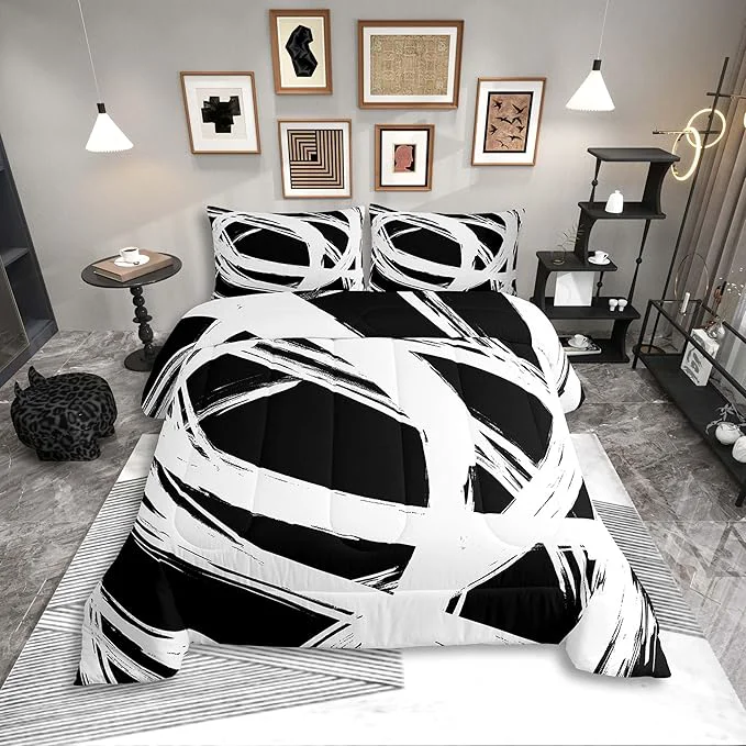 Original Erosebridal White and Black Abstarct Queen Comforter Set for Adult Women Men Geometric Striped Bedding Set for Minimalists Graffiti Aesthetic Lines Quilt Contemporary Boho Modern Art Duvet Insert