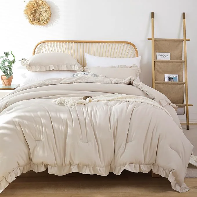 Premium JANZAA King Size Comforter Set Beige Ruffle Comforter 3PCS Soft Fluffy Boho Comforter Vintage Farmhouse Bed Set Shabby Chic Bedding with 2 Pillowcases for All Season
